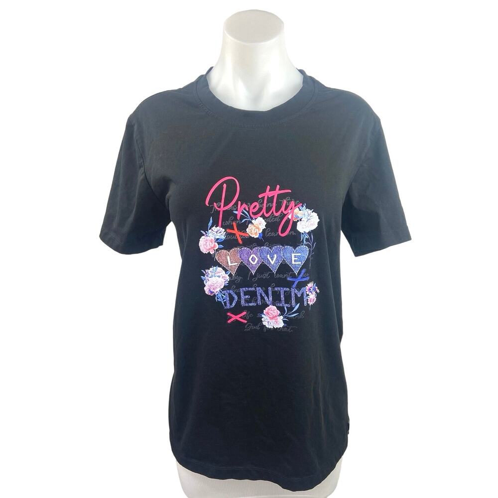 Milk & Hops Black Pretty Love Denim Floral Graphic Crew Neck T Shirt Tee Size M